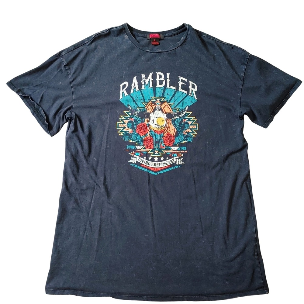Women Rock & Roll Denim Rambler Graphic T-Shirt Oversized Distressed Wash L Boho